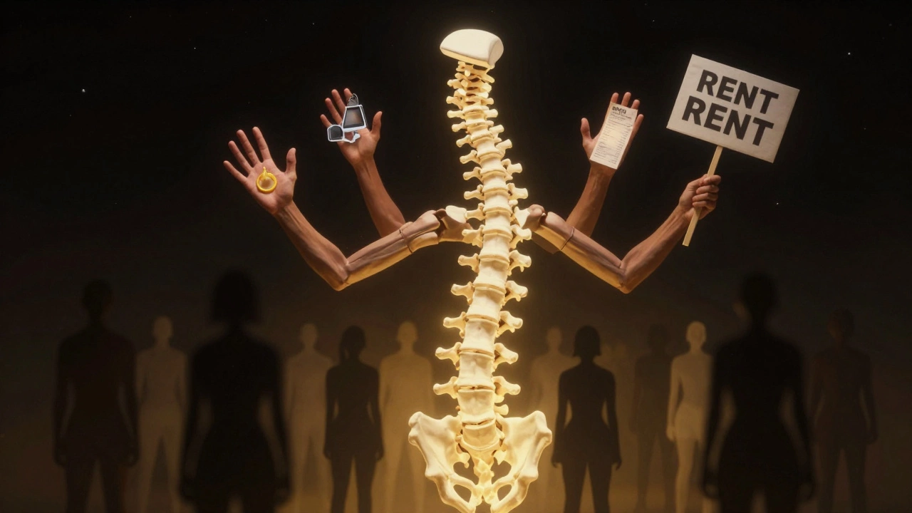 A glowing spine made of hands holds symbols of sex work, survival, and resistance against a dark sky.