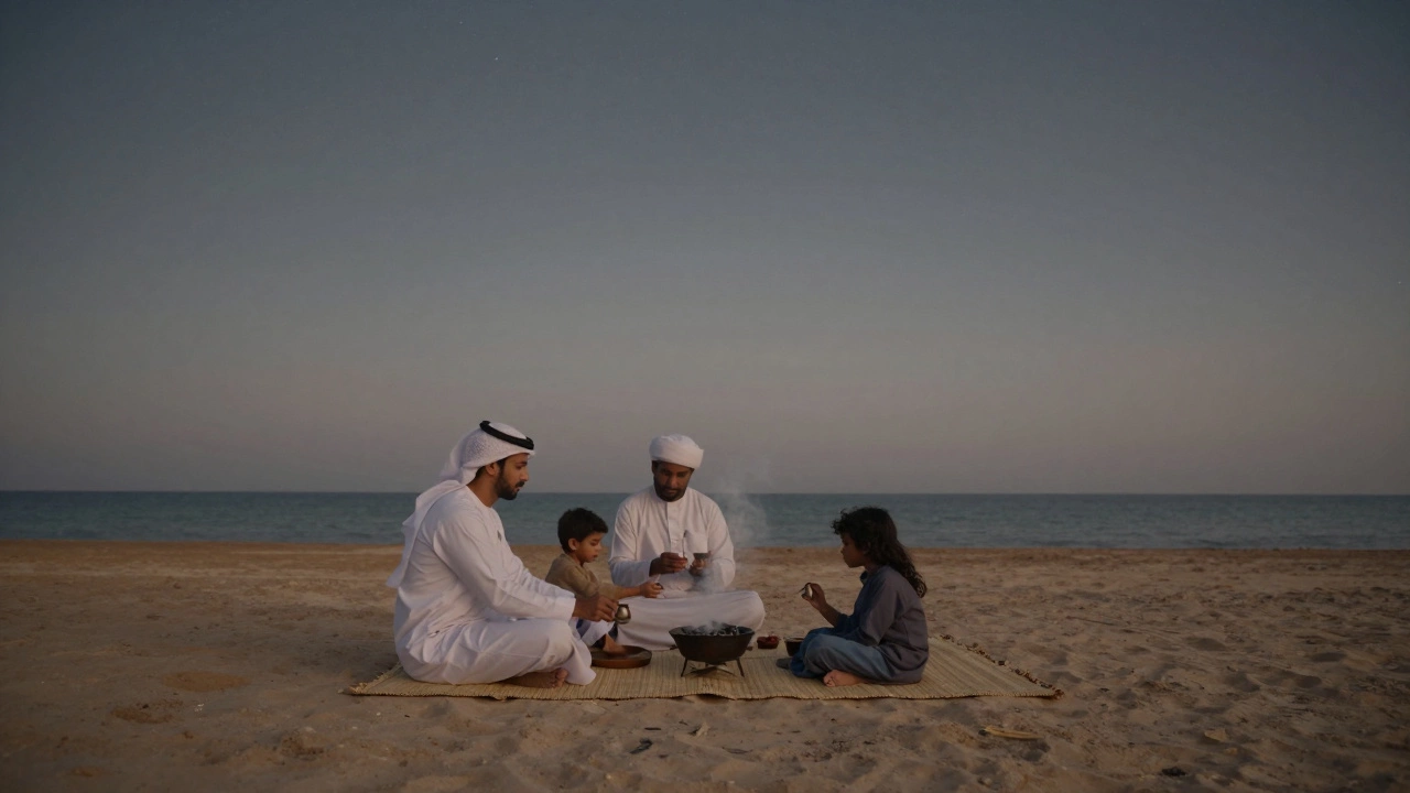 Al Sufouh Beach at dusk with a quiet Emirati family enjoying a peaceful evening.