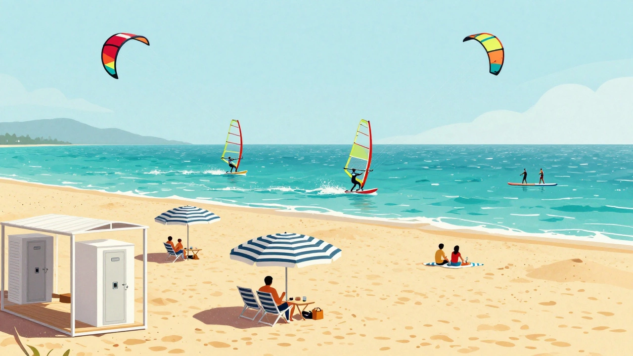 Kite Beach with colorful kitesurfers, families under umbrellas, and clean amenities.