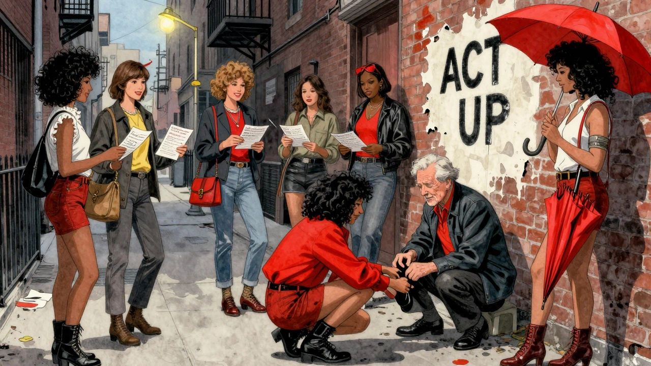 Queer sex workers distribute condoms and medical info in a 1980s New York alley under flickering streetlights.